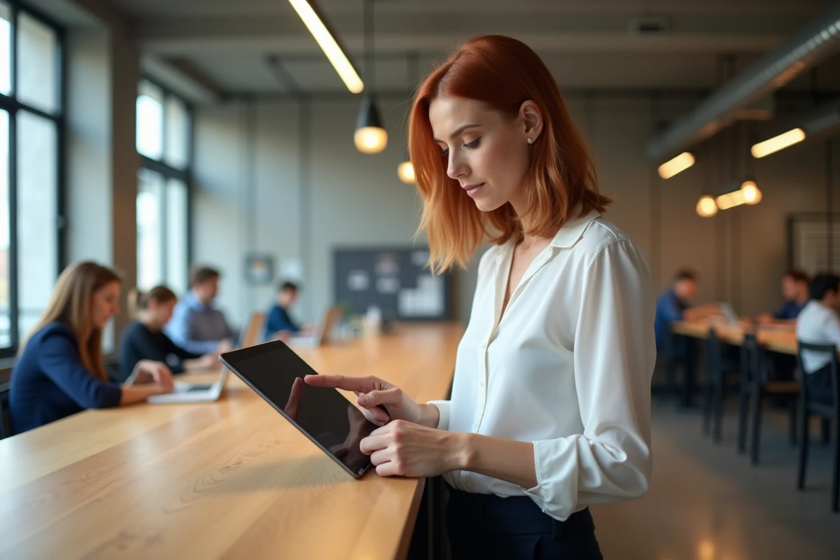 Femme accédant à son espace Advango sur tablette dans un espace de coworking