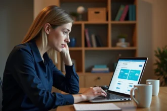 Employée Air France configurant l'accès Intraligne depuis son bureau à domicile sur un ordinateur portable