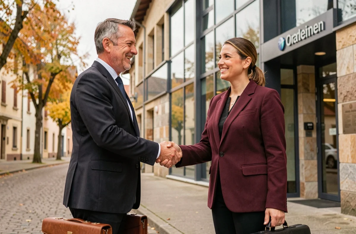 Signature d'un accord de portage salarial devant un immeuble de bureaux à Tarbes