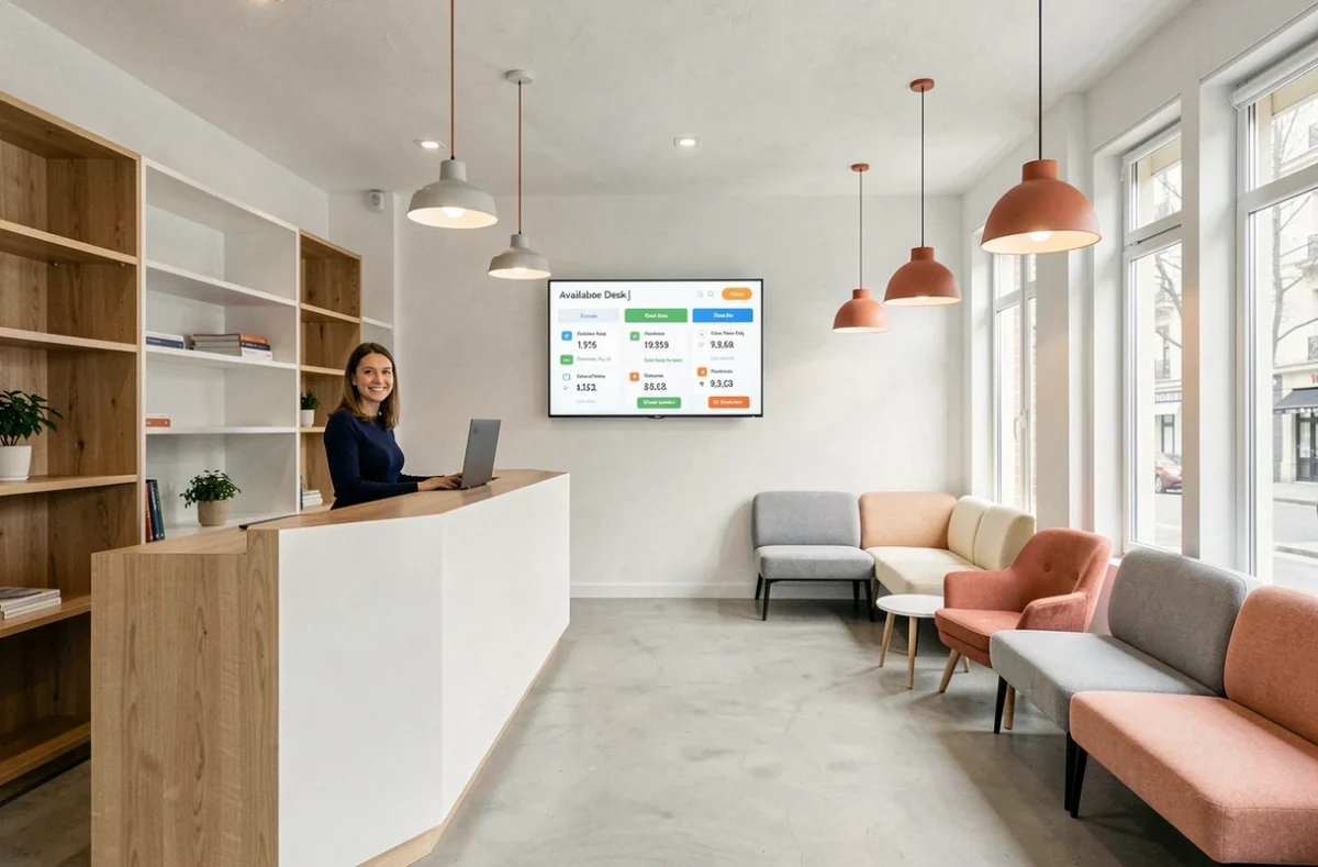 Accueil et tarifs affichés à l'entrée d'un espace de coworking à Colombes