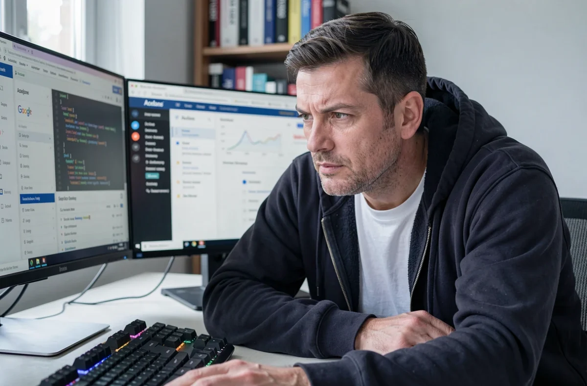 Consultant SEO d'Acelane dans un bureau à domicile devant des moniteurs affichant code et Search Console