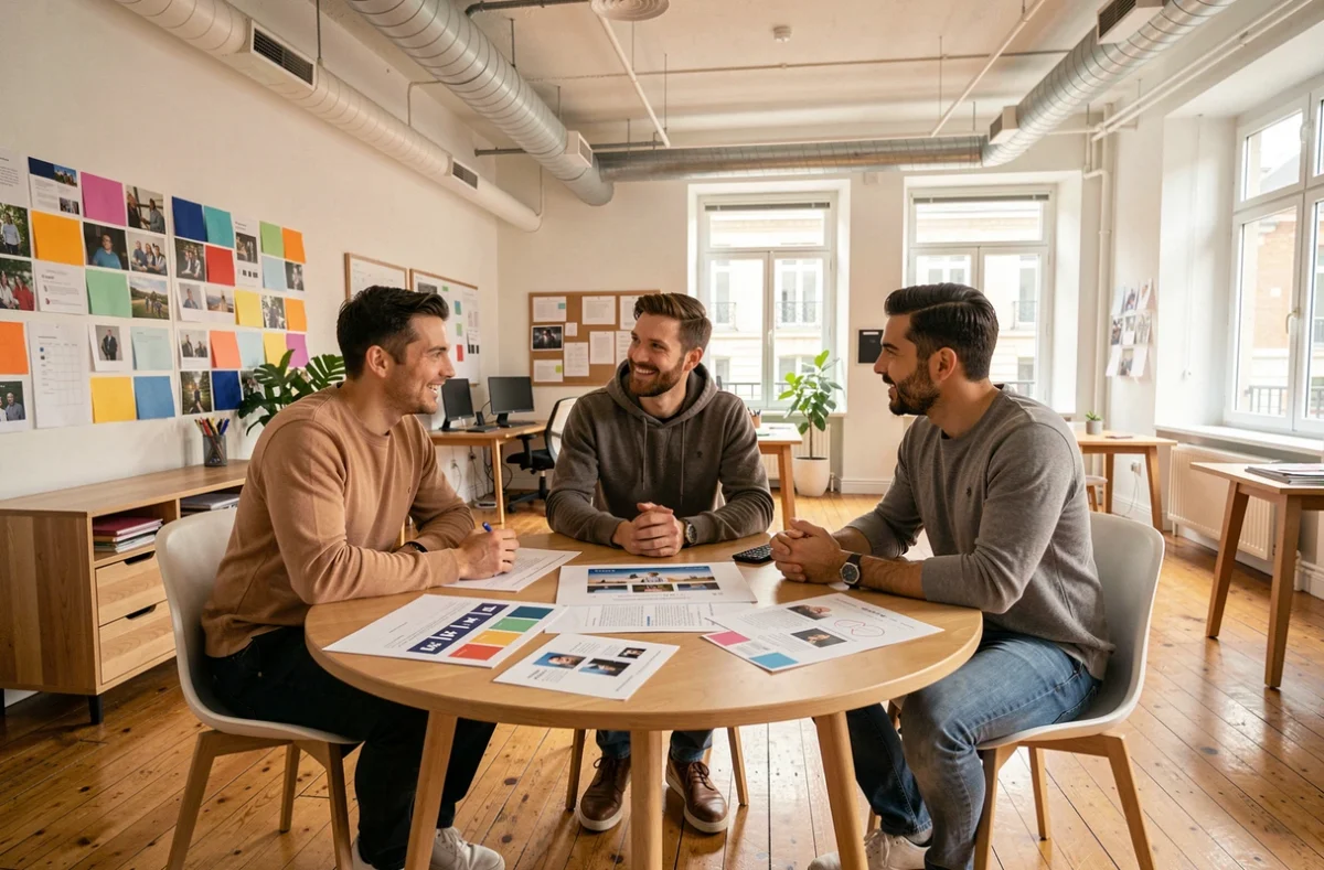 Équipe créative de l'Agence 33 Degrés Lyon réunissant des maquettes web et palettes de couleurs pour un projet 360°
