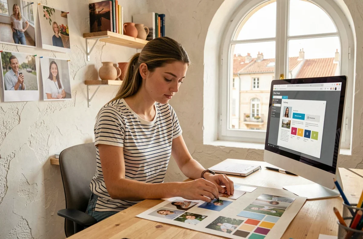 Créatrice web et visuelle assemblant une identité graphique dans le studio de l'agence Idée Pixel à Bayonne