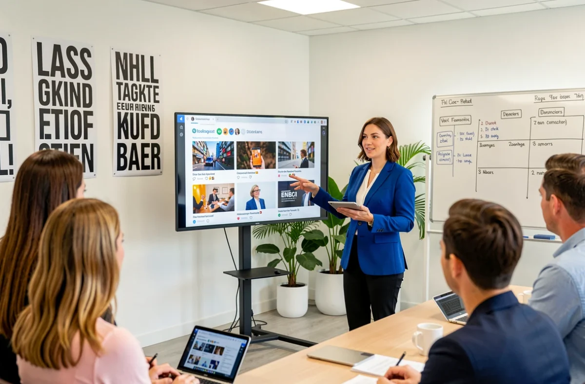 Responsable communication digitale présentant une campagne visuelle à son équipe dans les bureaux de l'agence Newwwave à Anglet