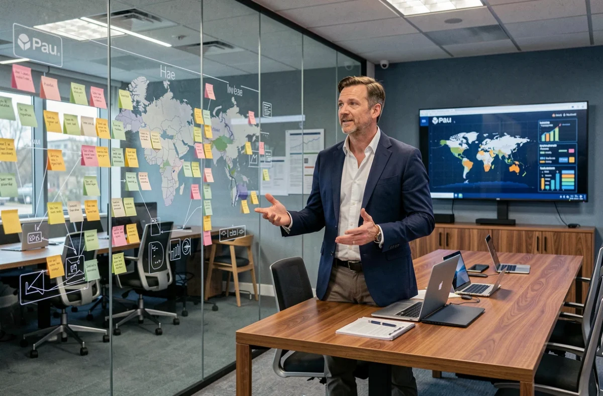 Stratège digital présentant une stratégie multirégionale à son équipe dans les bureaux de l'agence Quinteba à Pau