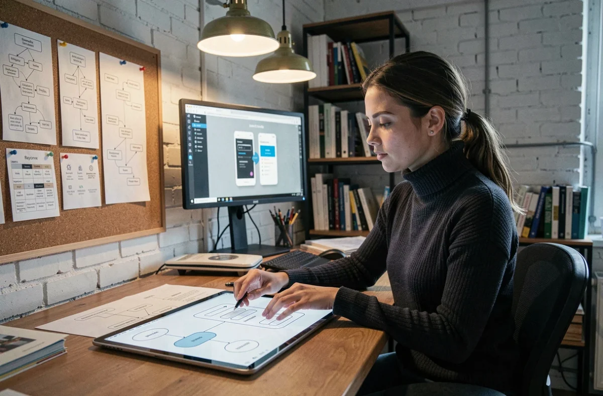 Designer UX/UI travaillant sur des wireframes et une expérience digitale dans le studio de l'agence Redmoot à Bayonne