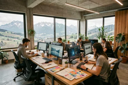 Vue large d'une agence web moderne dans les Pyrénées-Atlantiques avec des collaborateurs travaillant sur des écrans et des maquettes créatives