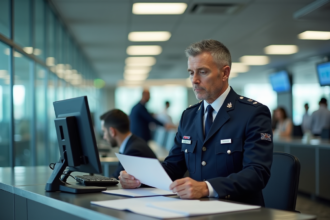 Agent de douane homme en uniforme examinant documents