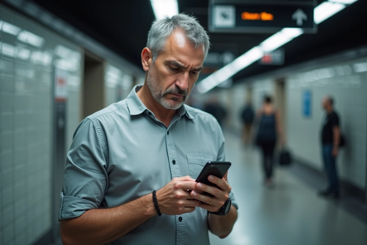 Agent RATP consultant son smartphone dans une station de métro pour réinitialiser son mot de passe Urban Group