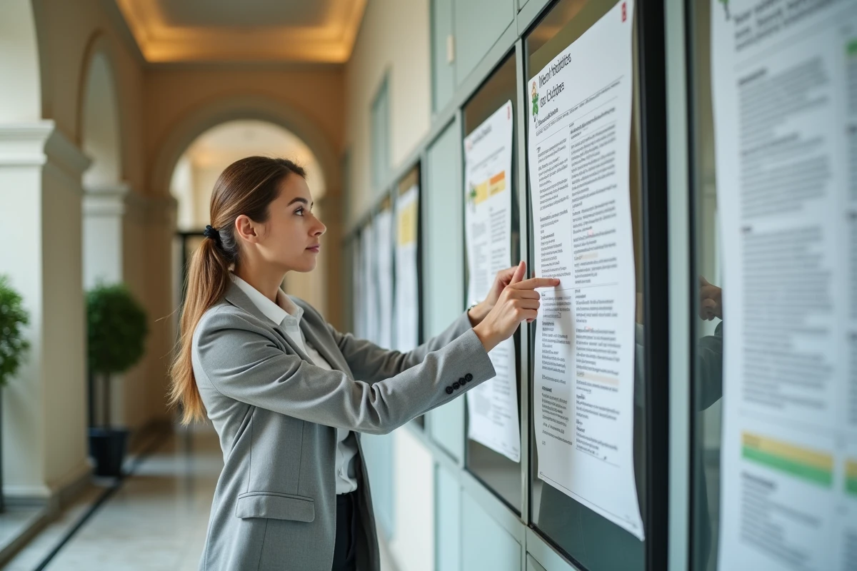 Agente de la fonction publique consultant un tableau d'affichage officiel sur les nouvelles grilles salariales dans un bâtiment administratif