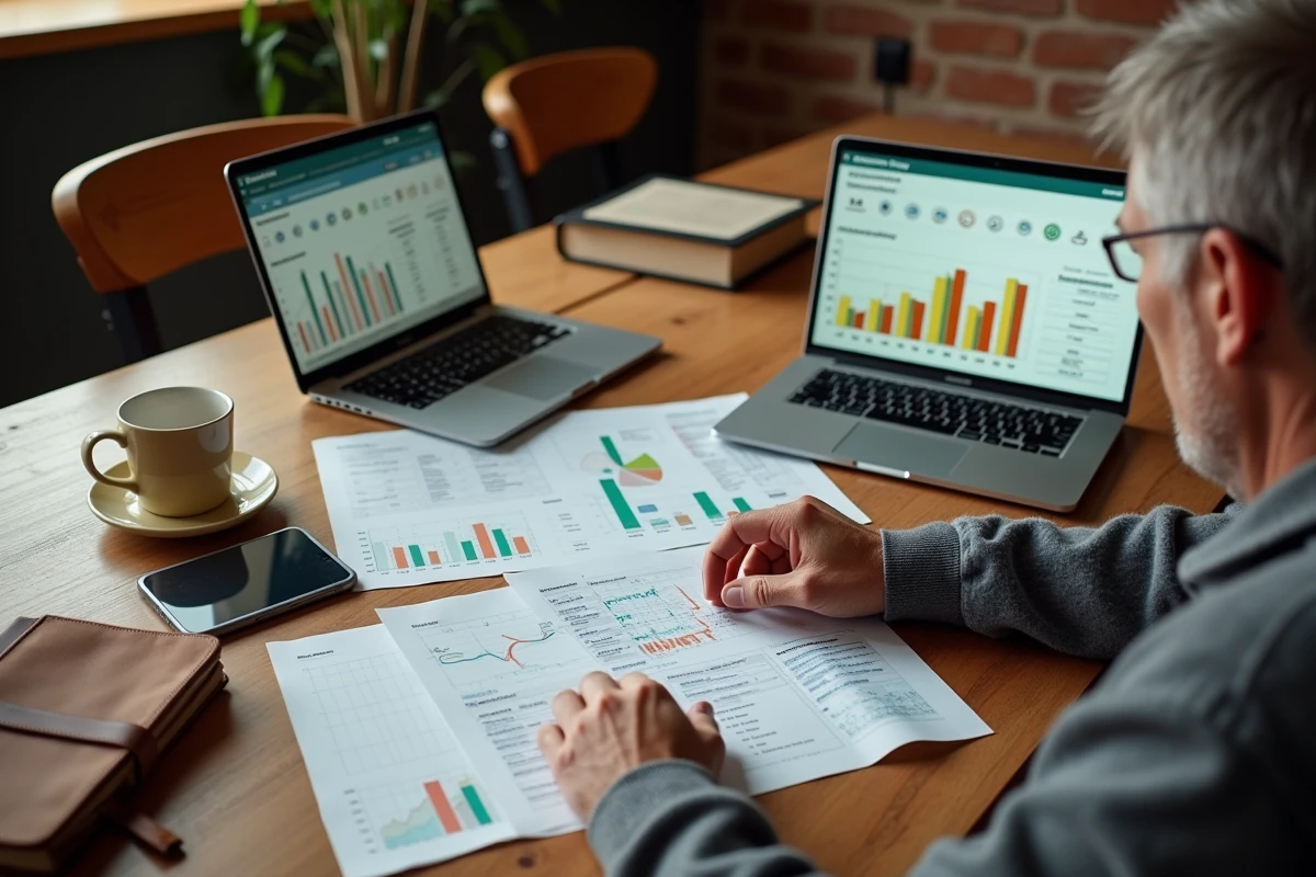Agriculteur analysant les rapports et le tableau de bord Axereal pro sur ordinateur portable avec documents imprimés sur une table de ferme