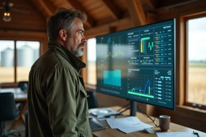 Agriculteur consultant le tableau de bord Axereal pro sur un écran tactile dans un bureau de ferme moderne avec données et indicateurs de récolte
