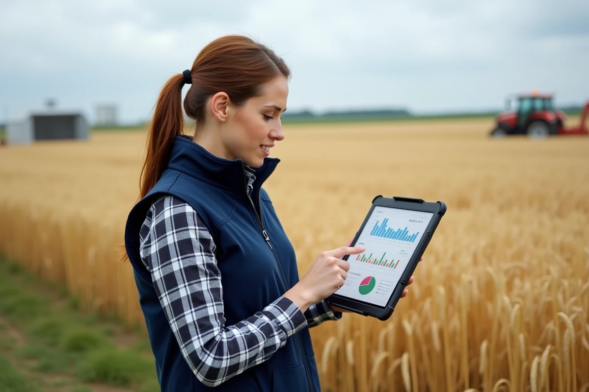 Agronome utilisant une tablette avec le logiciel Axereal pro pour analyser les indicateurs de performance d'une exploitation céréalière en plein champ