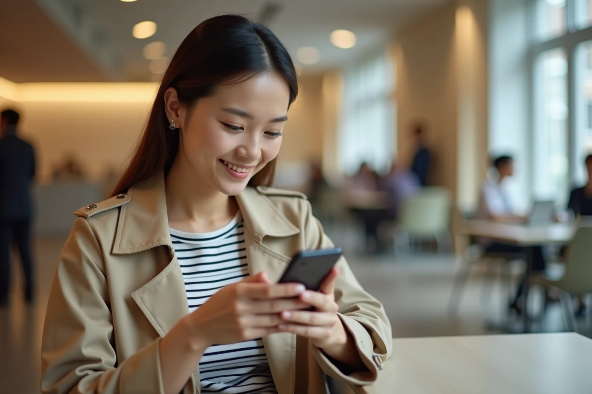 Jeune employée consultant l'application Alis BNPP sur smartphone pendant une pause en cafétéria