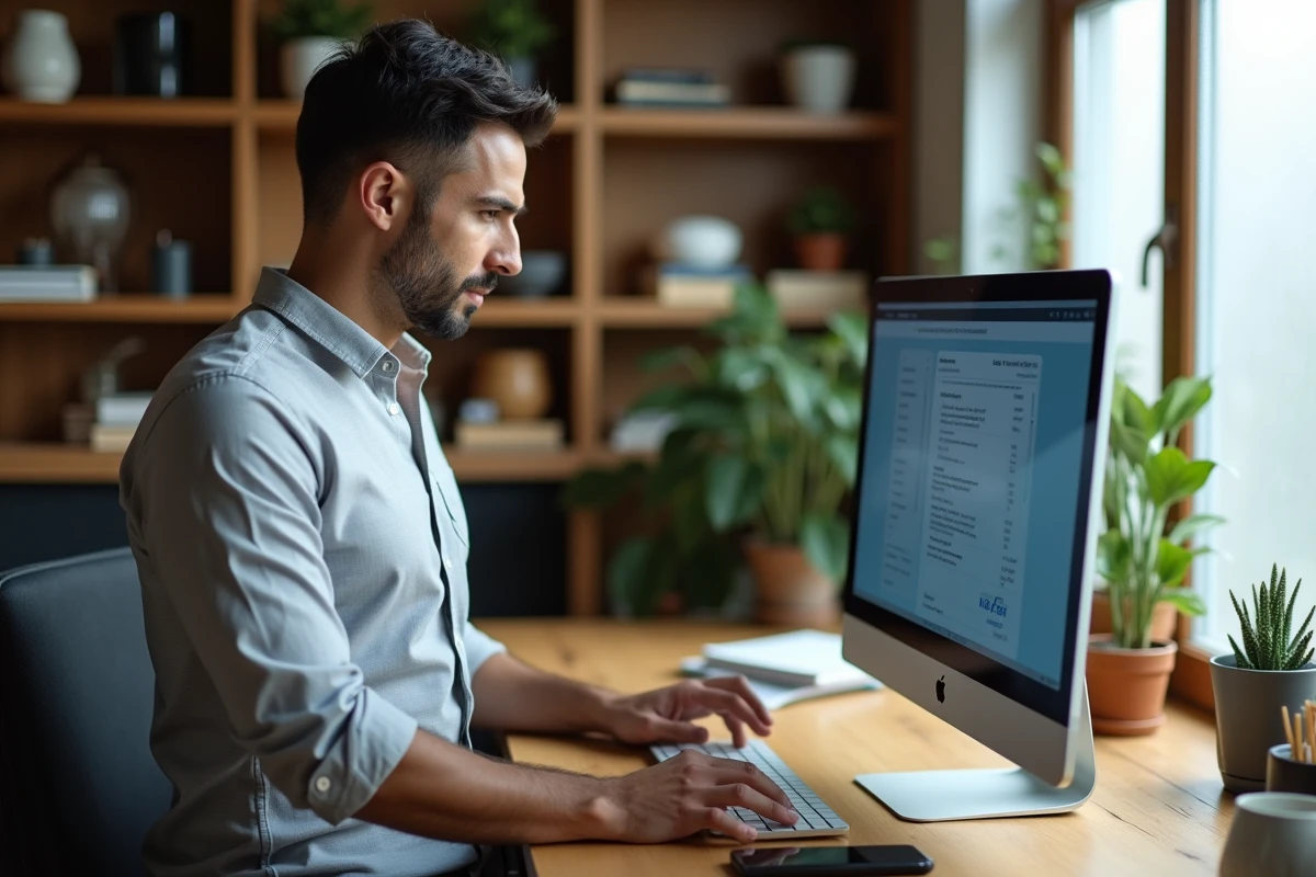 Employé gérant ses démarches Alis BNPP depuis son bureau à domicile sur ordinateur