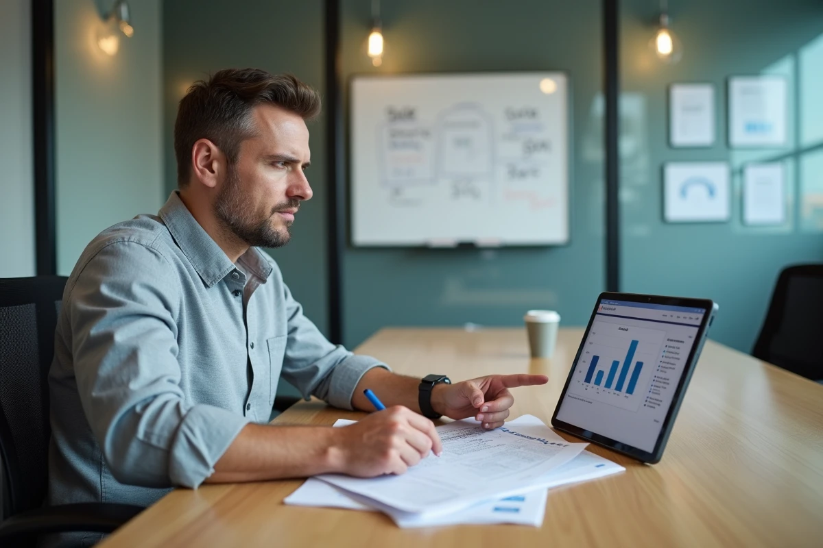 Professionnel RH analysant des rapports d'absences et un logiciel de paie sur tablette en salle de réunion
