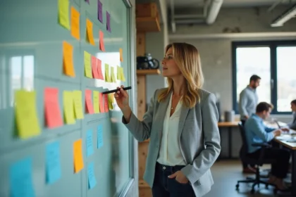 Femme d'affaires utilisant un tableau blanc divisé en quatre quadrants pour réaliser une analyse SWOT visuelle dans un bureau moderne