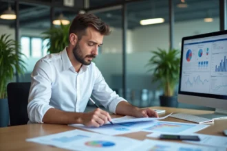 Analyste d'entreprise examinant des rapports publics et des données sur Easy Prospect dans un bureau moderne