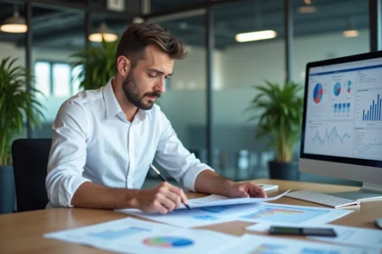 Analyste d'entreprise examinant des rapports publics et des données sur Easy Prospect dans un bureau moderne