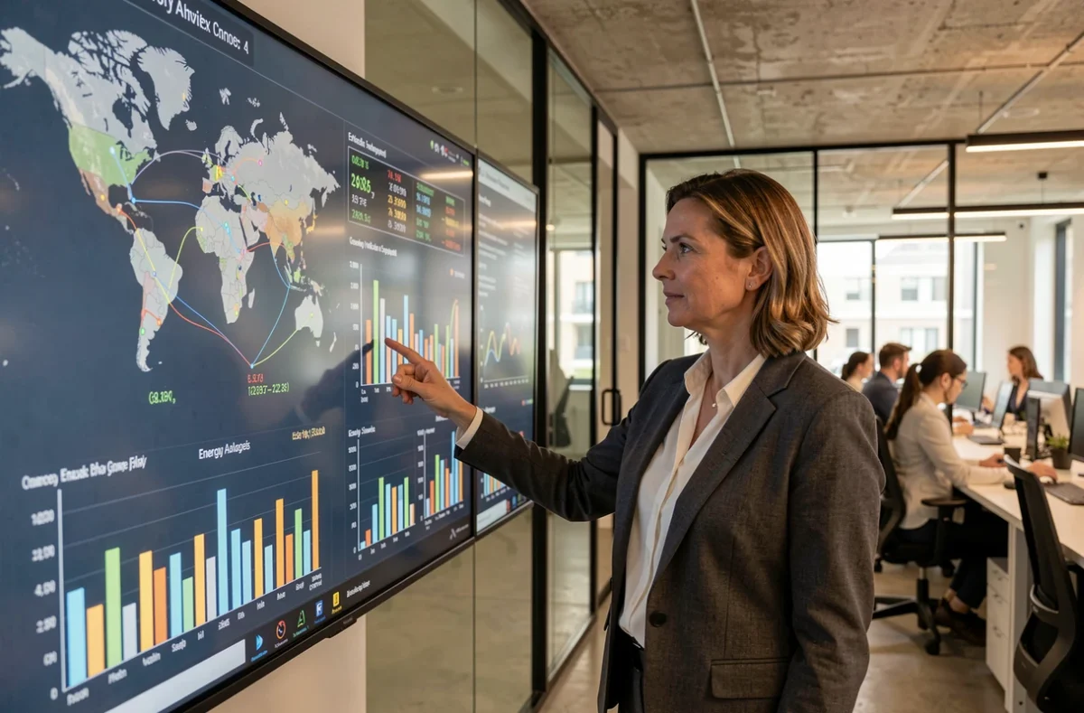 Analyste en énergie présentant des flux d'échange non programmés sur un écran interactif dans un bureau de gestion du réseau