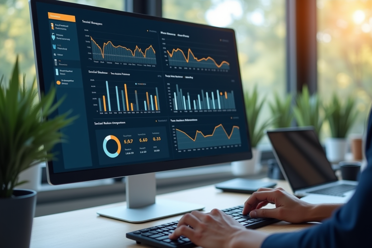 Ecran affichant des tableaux d analytics sociaux et de generation de leads