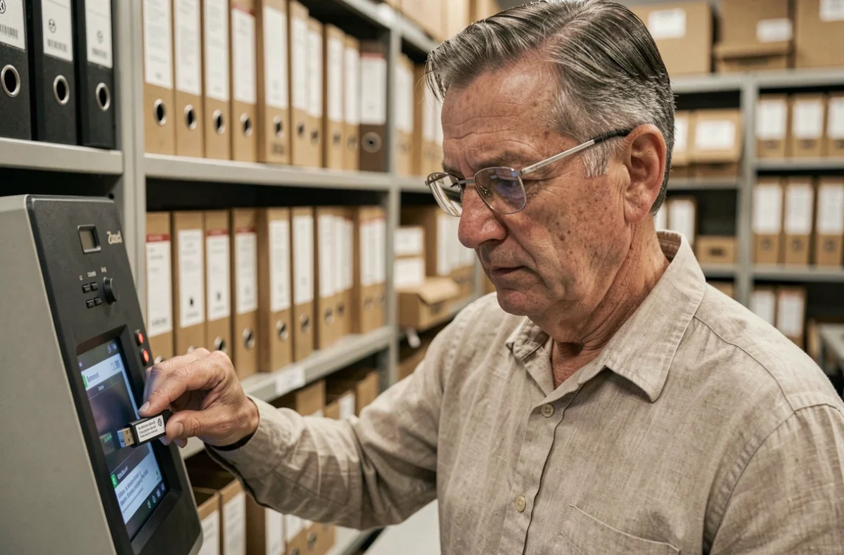Archiviste insérant un support chiffré dans un poste d'archivage numérique sécurisé au sein d'une salle de gestion documentaire