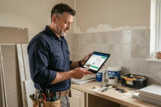 Artisan polyvalent consultant l'application PROXI Chantier sur tablette dans une cuisine en rénovation