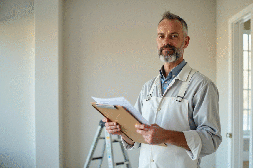 Artisan peintre avec dossier dans une pièce rénovée