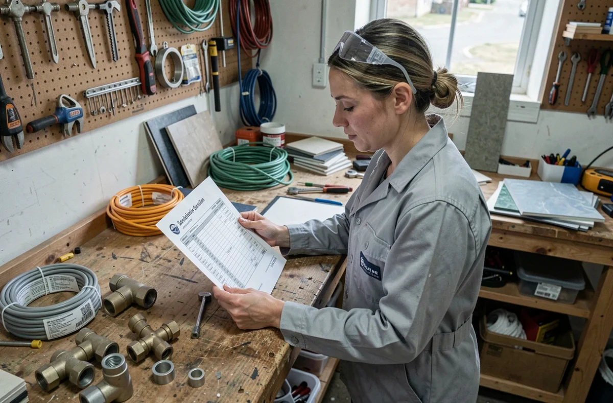 Artisane polyvalente examinant un devis multiservices dans un atelier de travaux