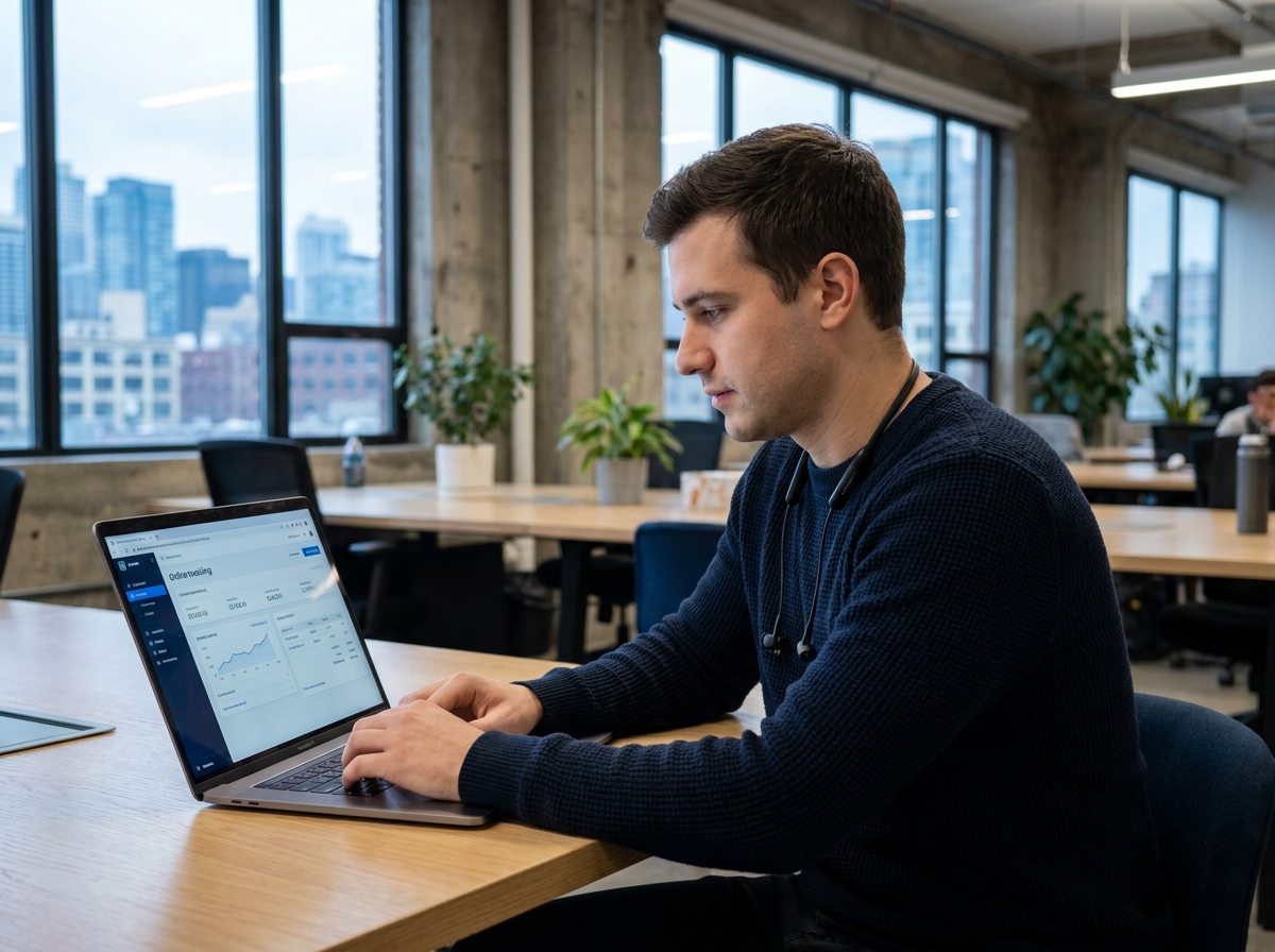 Jeune auto-entrepreneur utilisant un logiciel de facturation gratuit dans un espace de coworking moderne