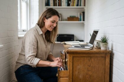 Auto-entrepreneuse organisant ses documents dans un meuble de rangement en bois d'occasion dans un bureau à domicile