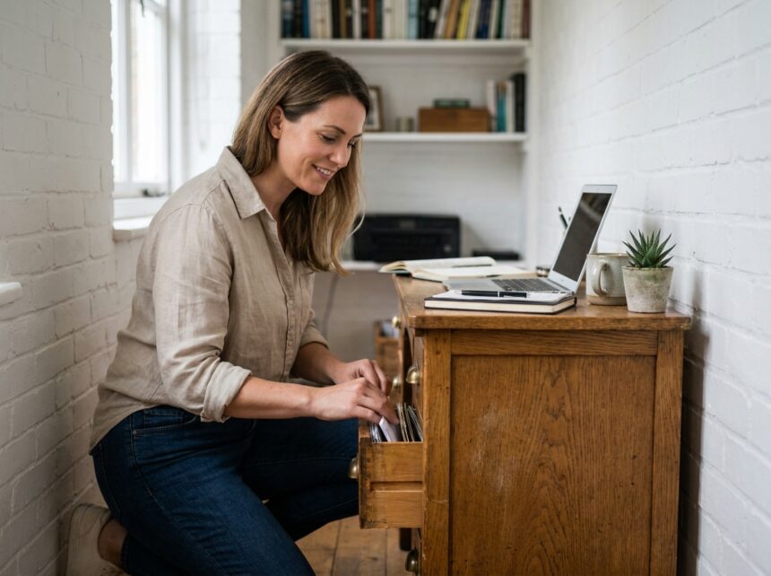 Auto-entrepreneuse organisant ses documents dans un meuble de rangement en bois d'occasion dans un bureau à domicile