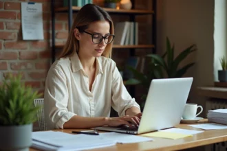 Auto-entrepreneuse utilisant un logiciel de facturation en ligne sur son ordinateur portable dans un bureau à domicile