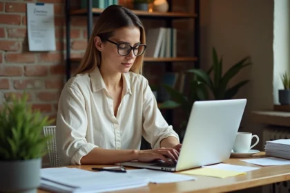 Auto-entrepreneuse utilisant un logiciel de facturation en ligne sur son ordinateur portable dans un bureau à domicile