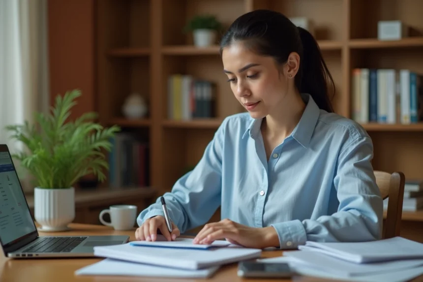 Auto-entrepreneuse consultant ses documents administratifs pour choisir entre MSA et Urssaf pour sa protection sociale