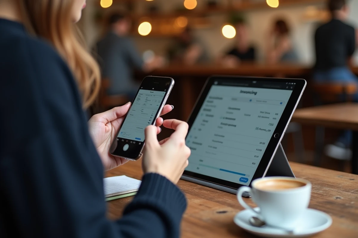 Jeune auto-entrepreneuse scannant un reçu avec son smartphone pour sa comptabilité dans un café