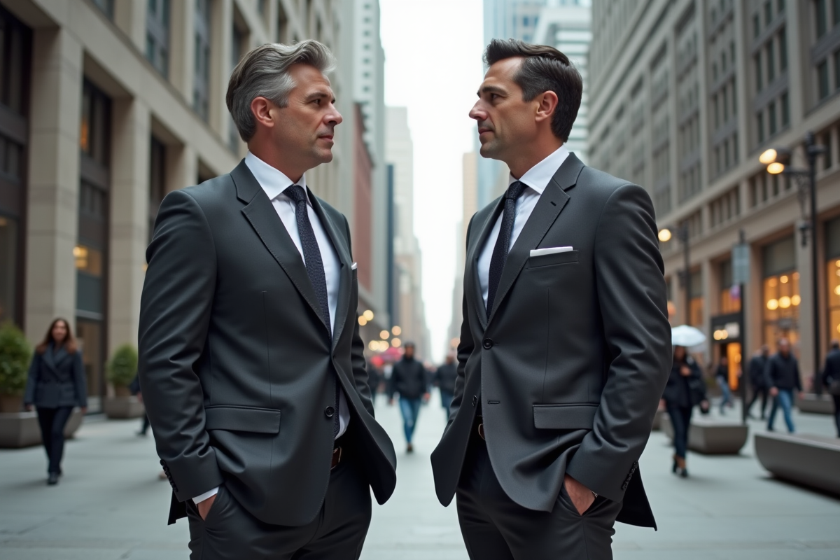 Deux avocats discutant dans une place du quartier financier de New York