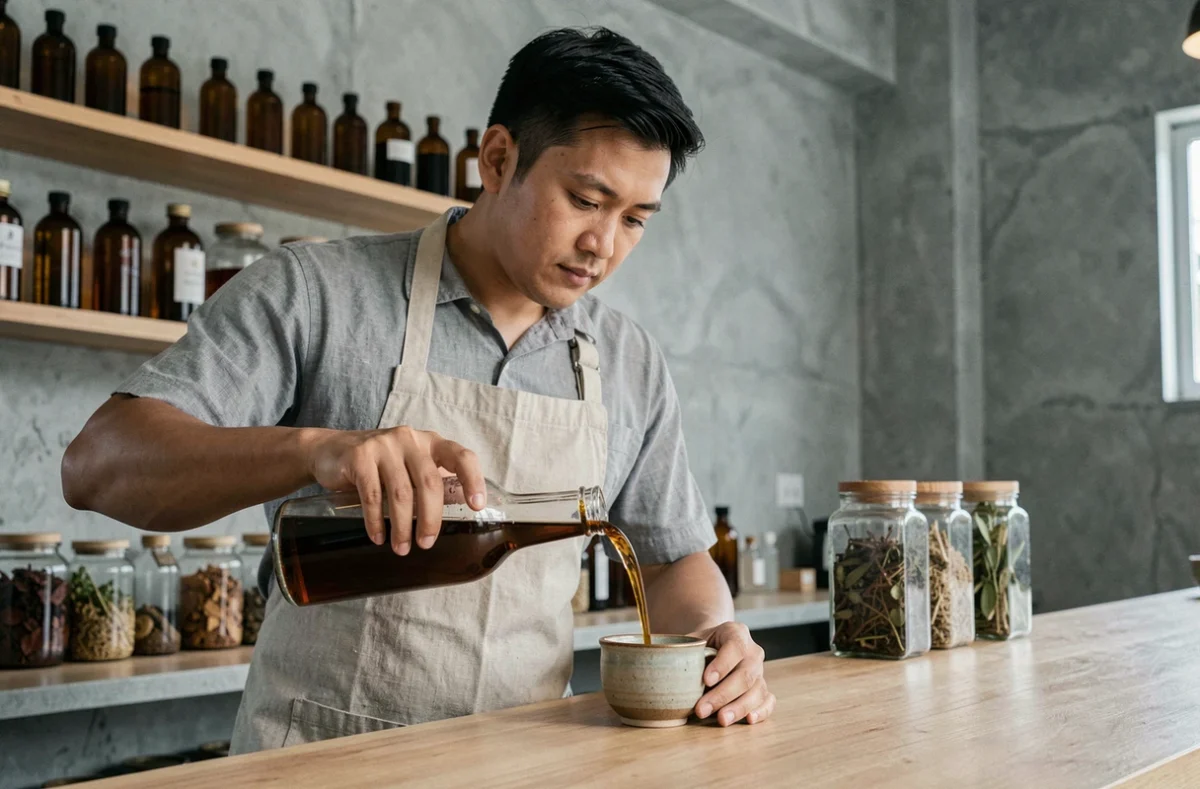 Barista thaïlandais versant une boisson tonique artisanale dans un café moderne de Bangkok, rappelant les origines du Red Bull