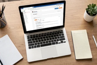 Bureau avec ordinateur portable et documents juridiques en cours de consultation