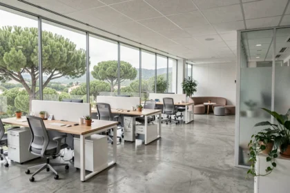 Espace de bureaux modernes en open space à Sophia Antipolis avec vue sur les pins méditerranéens et mobilier ergonomique