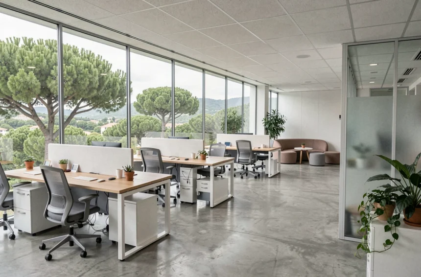 Espace de bureaux modernes en open space à Sophia Antipolis avec vue sur les pins méditerranéens et mobilier ergonomique