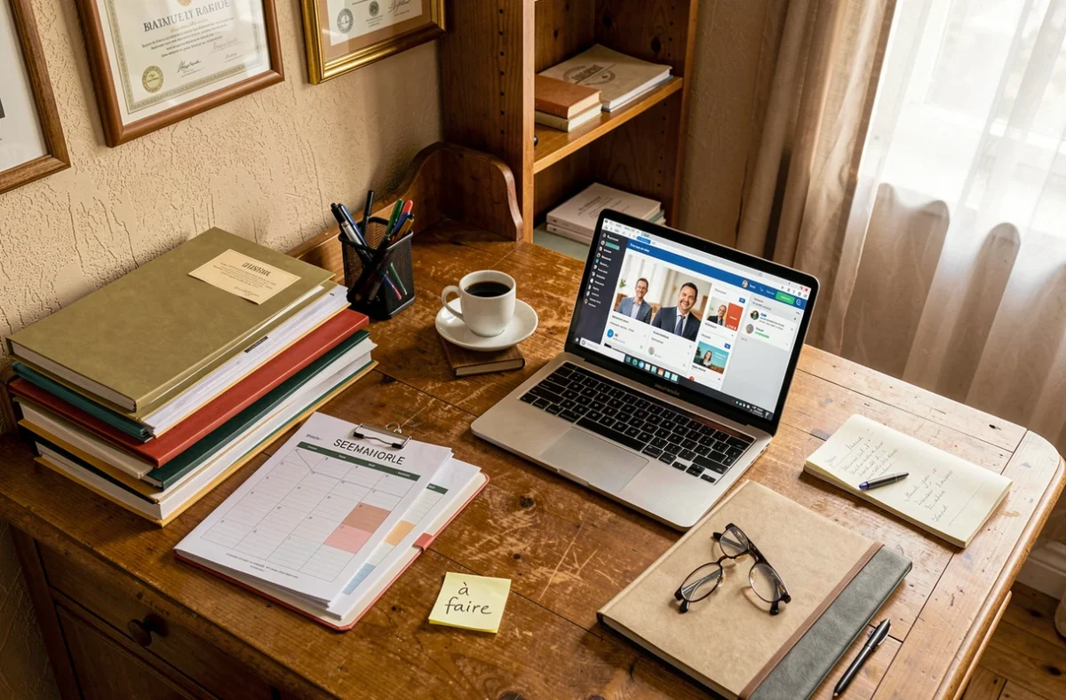 Bureau administratif bien organisé avec planificateur, dossiers et ordinateur portable illustrant la gestion simplifiée par un secrétariat externalisé