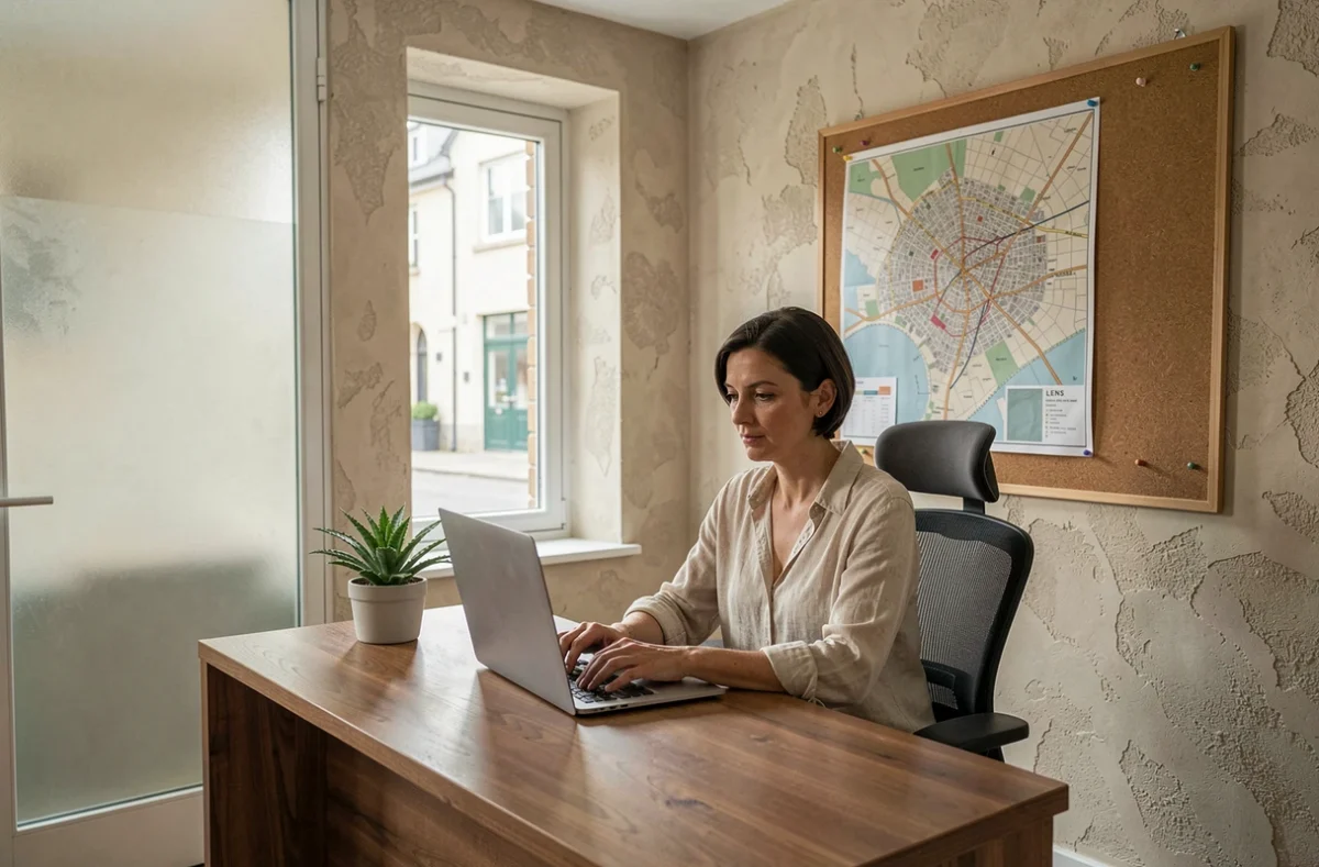 Bureau privé bien équipé avec vue sur la rue à Lens, exemple de location de bureau dans un quartier calme