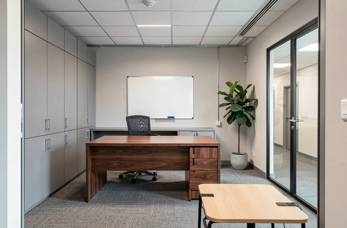 Bureau privé meublé en location dans un centre d'affaires de Sophia Antipolis avec table de réunion et cloison vitrée