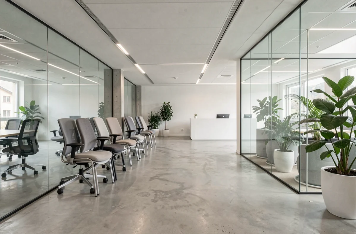 Bureau vide moderne disponible à la location dans un centre d'affaires en Haute-Savoie avec architecture contemporaine