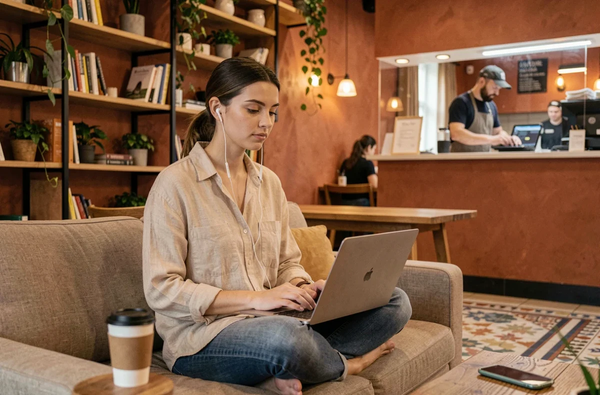 Jeune femme travaillant dans un café-coworking ouvert pendant le confinement avec mesures sanitaires en place