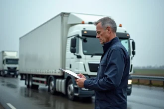 Chauffeur routier professionnel consultant ses documents de salaire et contrat de travail devant son camion dans une aire de repos en France