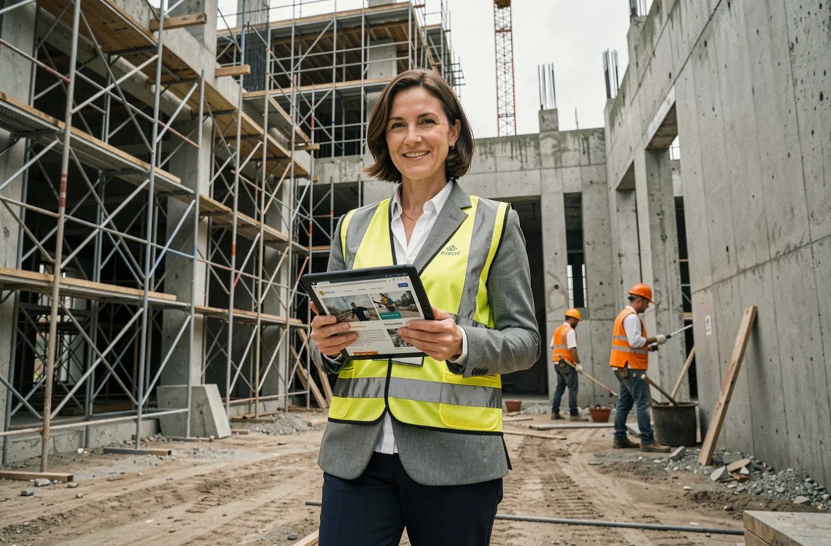 Chef de projet BTP sur un chantier de construction consultant des actualités professionnelles sur une tablette numérique