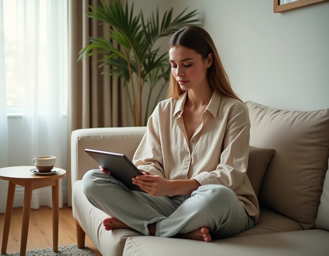 Femme coach en ligne gérant ses automatisations email avec Systeme.io depuis son salon