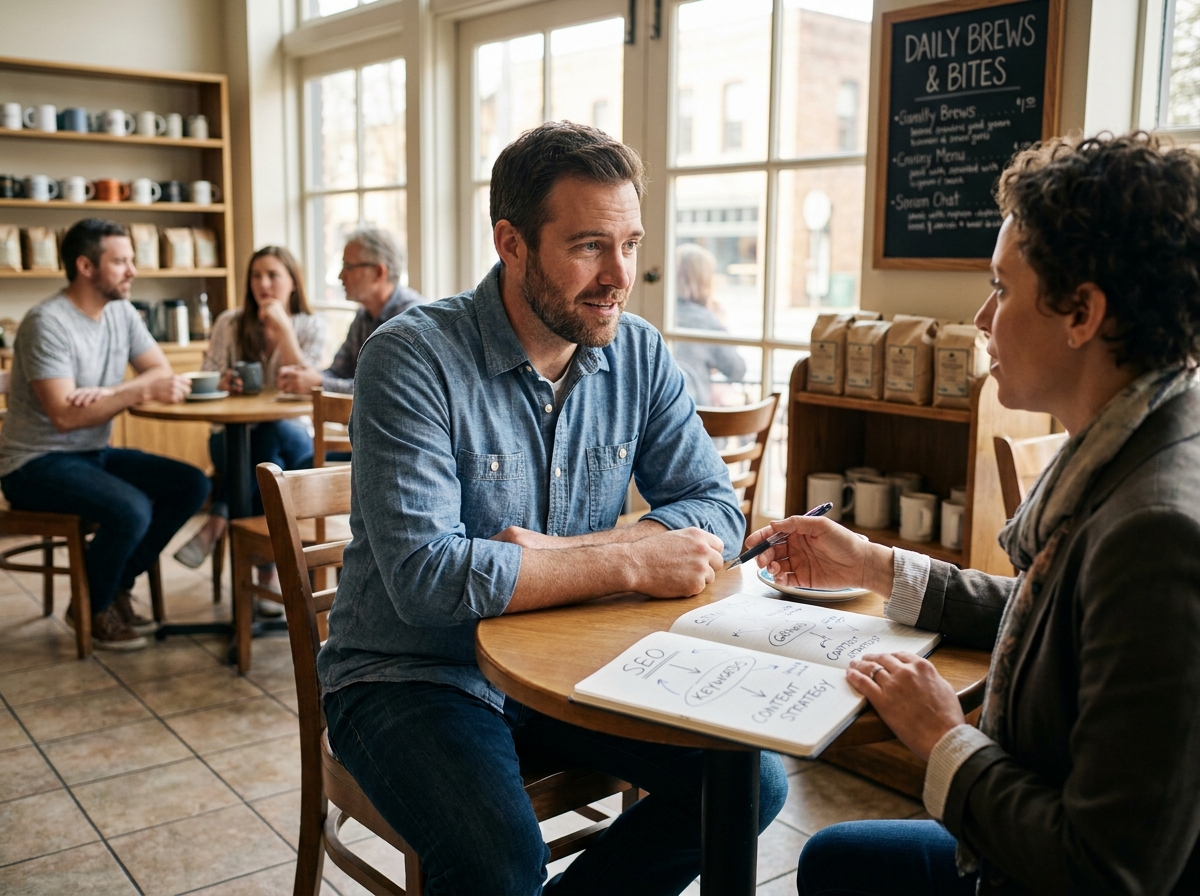 Entrepreneur en séance de coaching SEO avec un consultant dans un café moderne, discutant de stratégie de visibilité en ligne